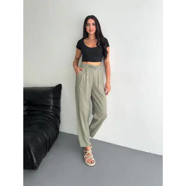 Kadın Yüksel Bel Beli Bağcıklı Cepli Rahat Paça Pantolon - Su Yeşili