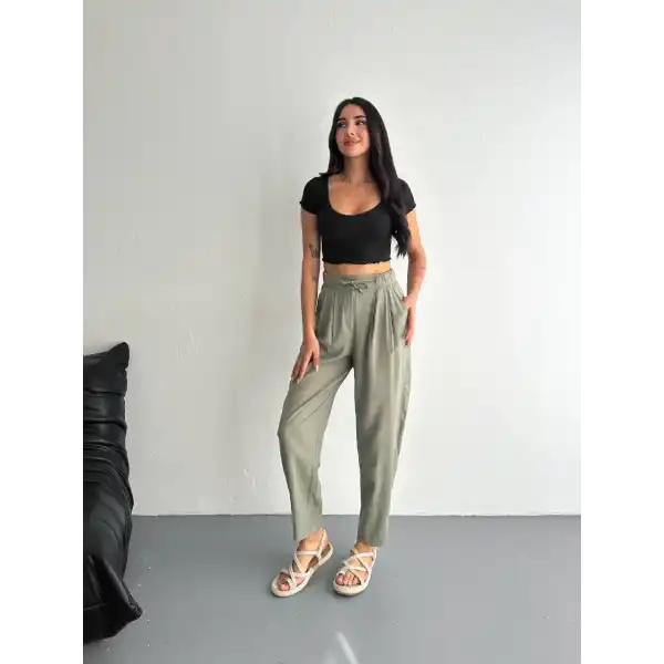 Kadın Yüksel Bel Beli Bağcıklı Cepli Rahat Paça Pantolon - Su Yeşili