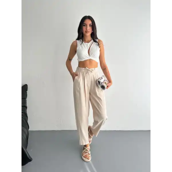 Kadın Yüksel Bel Beli Bağcıklı Rahat Boru Paça Pantalon - Kırık Beyaz