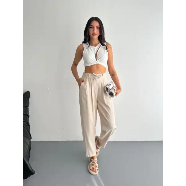Kadın Yüksel Bel Beli Bağcıklı Rahat Boru Paça Pantolon - Kırık Beyaz