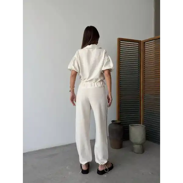 Keten Tam Fermuarlı Kısa kollu Gömlek Pantolon ikili Takım - Beyaz