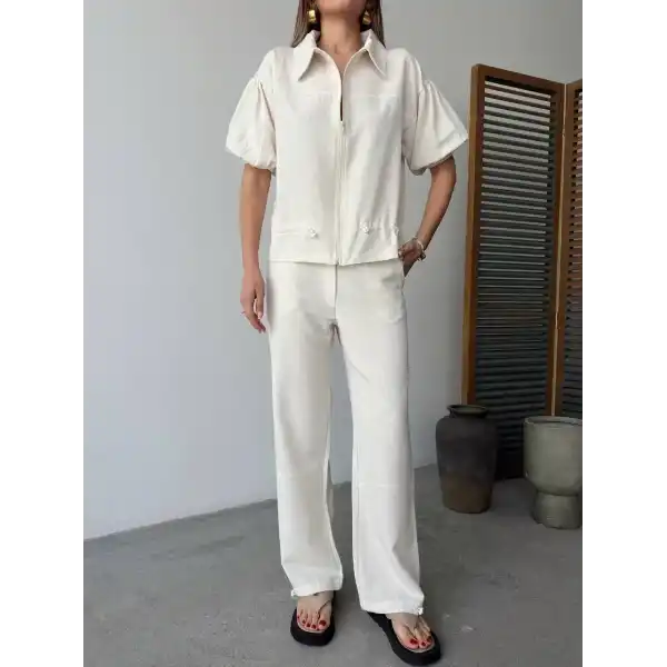 Keten Tam Fermuarlı Kısa kollu Gömlek Pantolon ikili Takım - Beyaz