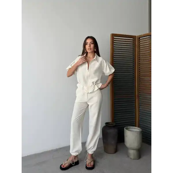 Keten Tam Fermuarlı Kısa kollu Gömlek Pantolon ikili Takım - Beyaz
