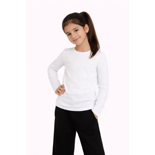Kız Çocuk Basic Uzun Kollu Tişört Okul Günlük Rahat T-Shirt - Beyaz