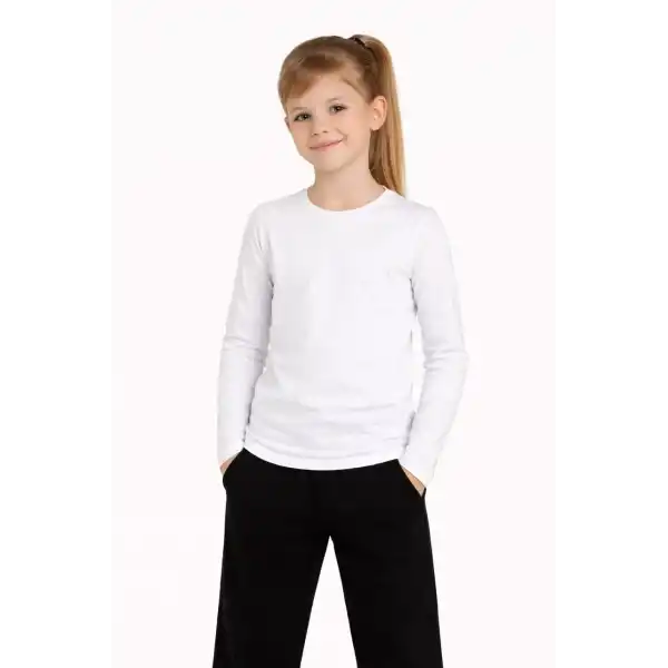 Kız Çocuk Basic Uzun Kollu Tişört Okul Günlük Rahat T-Shirt - Beyaz