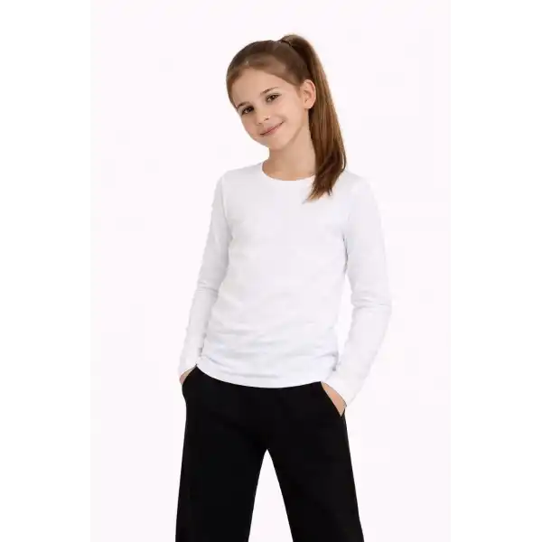 Kız Çocuk Basic Uzun Kollu Tişört Okul Günlük Rahat T-Shirt - Beyaz
