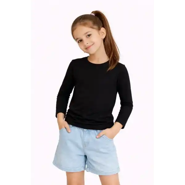 Kız Çocuk Basic Uzun Kollu Tişört Okul Günlük Rahat T-Shirt - Siyah