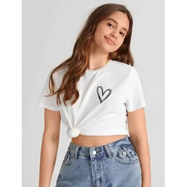 Kız Çocuk Bisiklet Yaka Baskılı T-Shirt - Beyaz