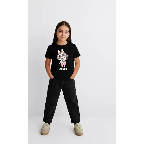 Kız Labubu Çocuk Baskılı T-Shirt - Siyah