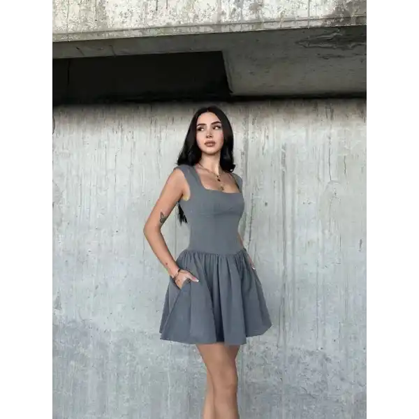 Kolsuz Mini Elbise- Gri