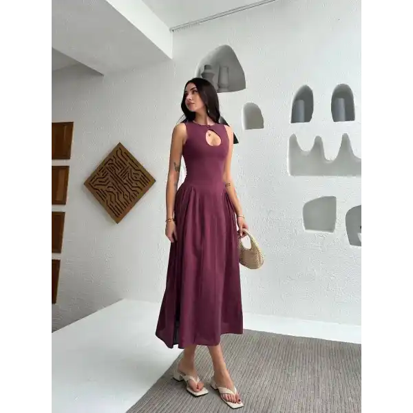 Kolsuz Uzun Kabardin Elbise - Bordo