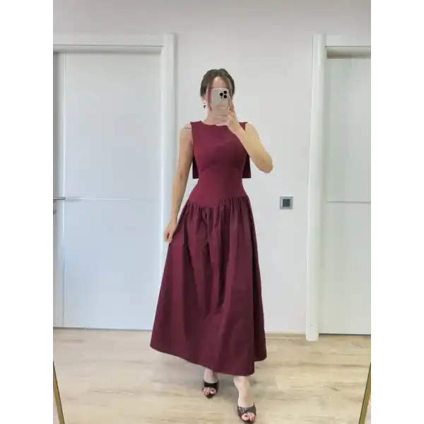 Krep Arkası Kanat Arka Ön Pens Detaylı Uzun Kadın Elbise - Bordo