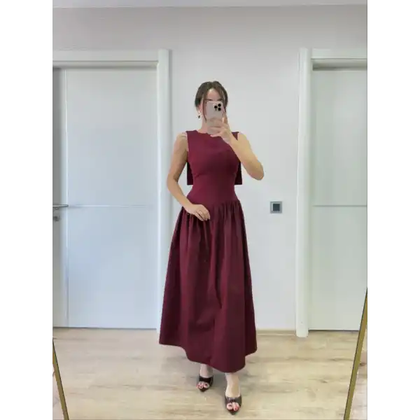 Krep Arkası Kanat Arka Ön Pens Detaylı Uzun Kadın Elbise - Bordo