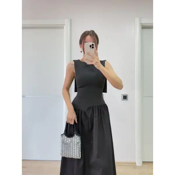 Krep Arkası Kanat Arka Ön Pens Detaylı Uzun Kadın Elbise - Siyah