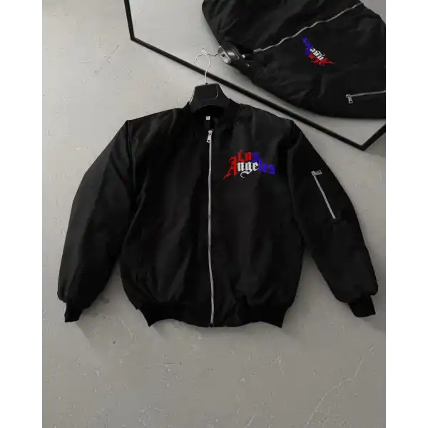 Los Angeles Siyah Bomber Mont – Fermuarlı, Cepli, Kapitone Astarlı, Bahar ve Kış Günlük Kullanım İçin Unisex Ceket- Siyah