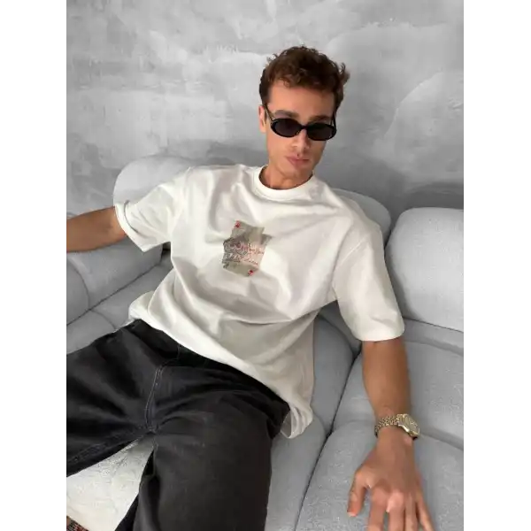 Ön ve Arka Baskılı Oversize Bisiklet Yaka T-shirt - Beyaz