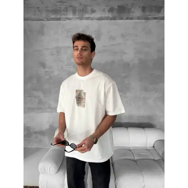 Ön ve Arka Baskılı Oversize Bisiklet Yaka T-shirt - Beyaz
