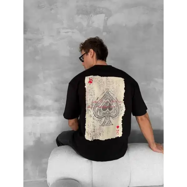 Ön ve Arka Baskılı Oversize Bisiklet Yaka T-shirt - Siyah