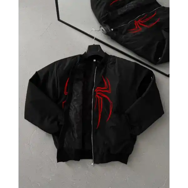 Örümcek Desenli Siyah Bomber Mont – Unisex Kullanıma Uygun, Fermuarlı Cepli, Kapitone Astarlı, Bahar Kış Günlük Giyim İçin Moda Ceket Modeli - Siyah
