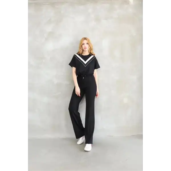 Osy Modal Yumuşak dokulu Kumaş Bisiklet Yaka Parçalı detaylı Kısa Kollu Takım - Siyah