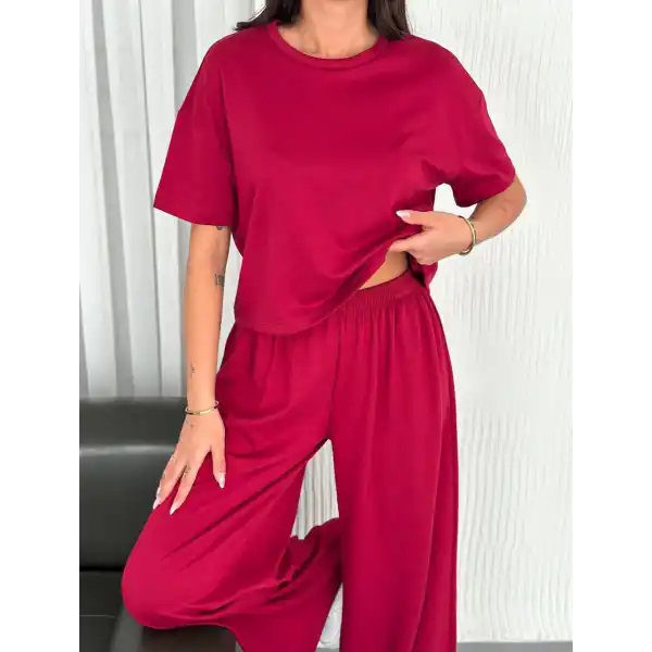 Osy Modal Yumuşak Dokulu Kumaş Bisiklet Yaka T-shirt Bol paça Pantalon ikili Takım -Bordo