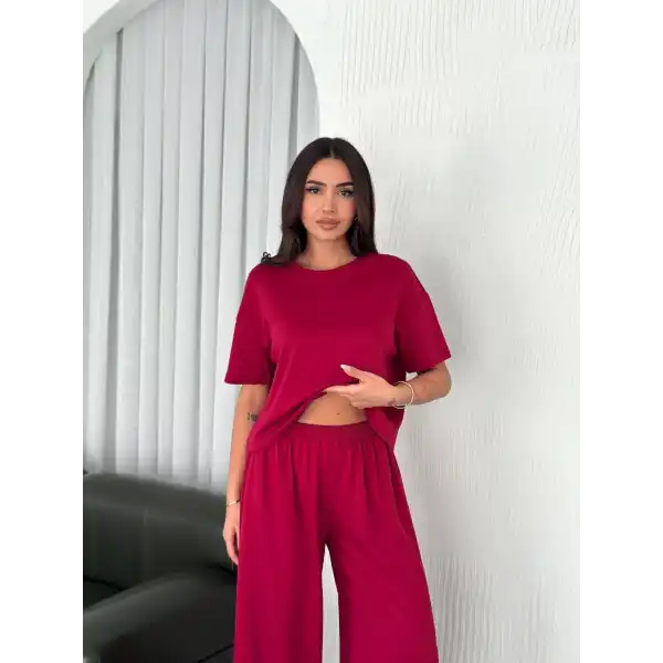 Osy Modal Yumuşak Dokulu Kumaş Bisiklet Yaka T-shirt Bol paça Pantalon ikili Takım -Bordo