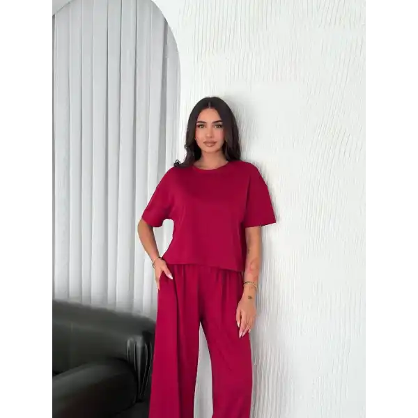 Osy Modal Yumuşak Dokulu Kumaş Bisiklet Yaka T-shirt Bol paça Pantalon ikili Takım -Bordo