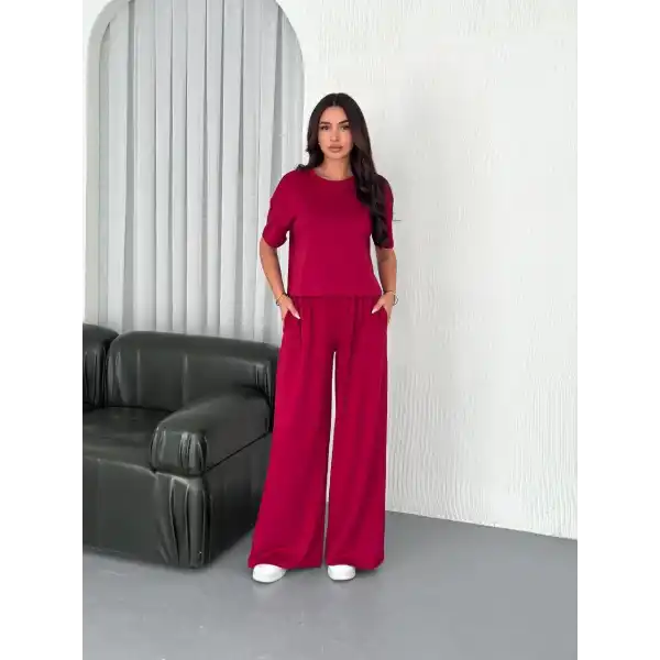 Osy Modal Yumuşak Dokulu Kumaş Bisiklet Yaka T-shirt Bol paça Pantalon ikili Takım -Bordo