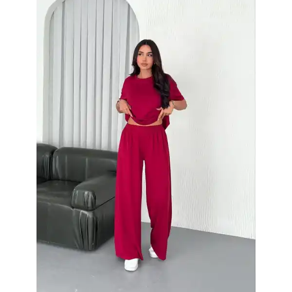 Osy Modal Yumuşak Dokulu Kumaş Bisiklet Yaka T-shirt Bol paça Pantalon ikili Takım -Bordo