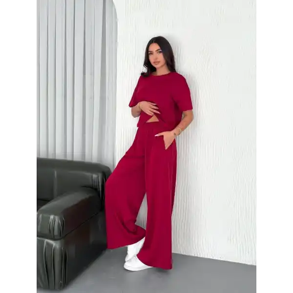 Osy Modal Yumuşak Dokulu Kumaş Bisiklet Yaka T-shirt Bol paça Pantalon ikili Takım -Bordo