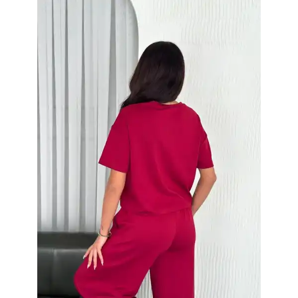 Osy Modal Yumuşak Dokulu Kumaş Bisiklet Yaka T-shirt Bol paça Pantalon ikili Takım -Bordo