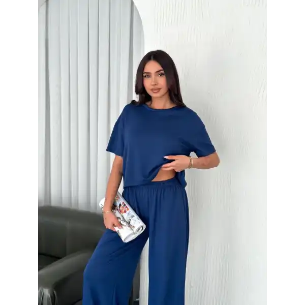 Osy Modal Yumuşak Dokulu Kumaş Bisiklet Yaka T-shirt Bol paça Pantalon ikili Takım -Saks Mavi