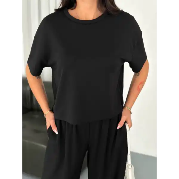 Osy Modal Yumuşak Dokulu Kumaş Bisiklet Yaka T-shirt Bol paça Pantalon ikili Takım -Siyah