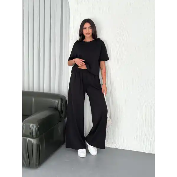 Osy Modal Yumuşak Dokulu Kumaş Bisiklet Yaka T-shirt Bol paça Pantalon ikili Takım -Siyah