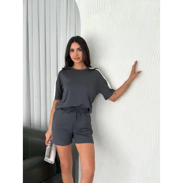 Osy Modal yumuşak dokulu Kumaş Kadın Parçalı Bisiklet Yaka T-shirt Kısa Şort İkili Takım - Antrasit