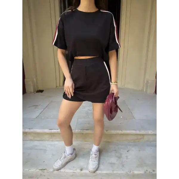 Osy Modal yumuşak dokulu Kumaş Kadın Parçalı Bisiklet Yaka T-shirt Mini Şortlu Etek İkili Takım - Siyah