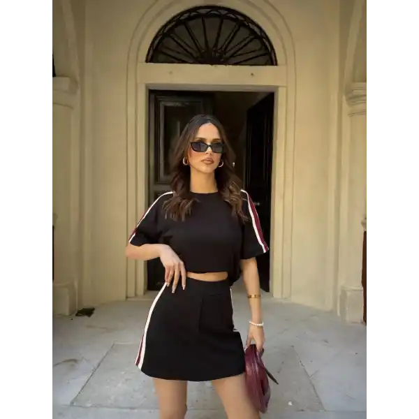 Osy Modal yumuşak dokulu Kumaş Kadın Parçalı Bisiklet Yaka T-shirt Mini Şortlu Etek İkili Takım - Siyah