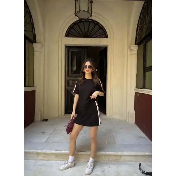 Osy Modal yumuşak dokulu Kumaş Kadın Parçalı Bisiklet Yaka T-shirt Mini Şortlu Etek İkili Takım - Siyah