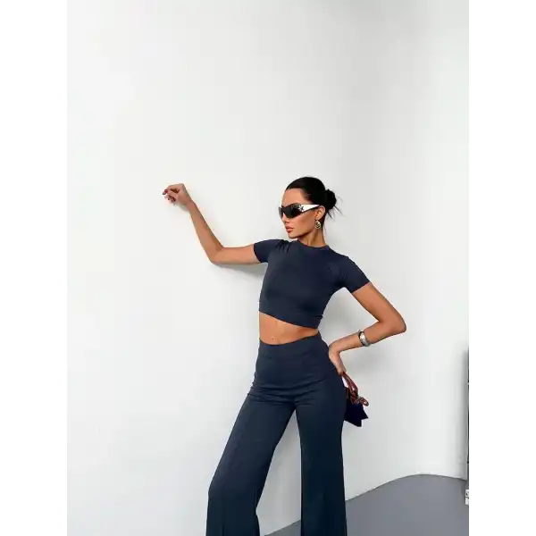 Osy Modal Yumuşak Dokulu Kumaş Kısa Kollu Crop Alt ispanyol Paça Pantalon ikili Takım - Füme