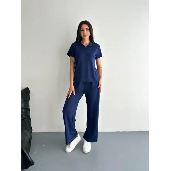 Osy Modal Yumuşak Dokulu Kumaş Kısa Kollu Yakalı T-shirt Pantalon ikili Takım- Lacivert