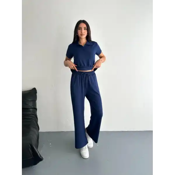 Osy Modal Yumuşak Dokulu Kumaş Kısa Kollu Yakalı T-shirt Pantalon ikili Takım- Lacivert