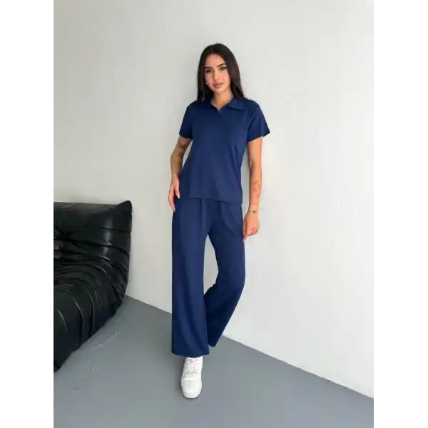 Osy Modal Yumuşak Dokulu Kumaş Kısa Kollu Yakalı T-shirt Pantalon ikili Takım- Lacivert