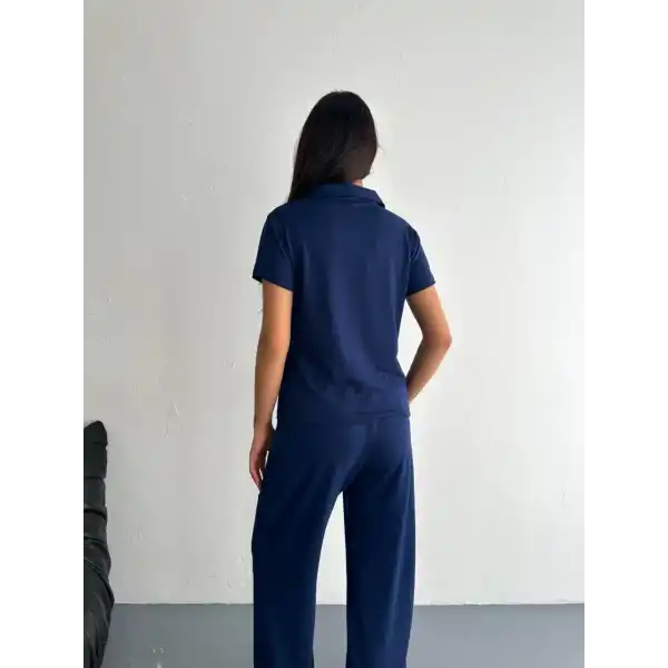 Osy Modal Yumuşak Dokulu Kumaş Kısa Kollu Yakalı T-shirt Pantalon ikili Takım- Lacivert
