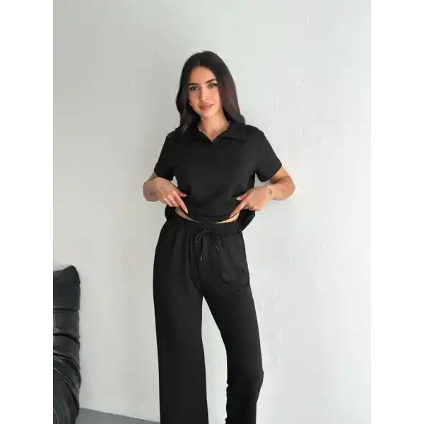 Osy Modal Yumuşak Dokulu Kumaş Kısa Kollu Yakalı T-shirt Pantalon ikili Takım- Siyah
