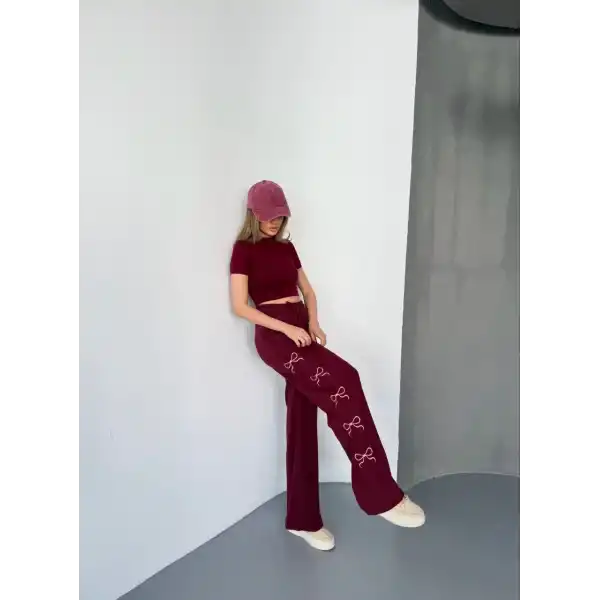 Osy Modal Yumuşak Dokulu Kumaş Nakış işlemeli Rahat Bol Paça Eşofman Pantalon - Bordo