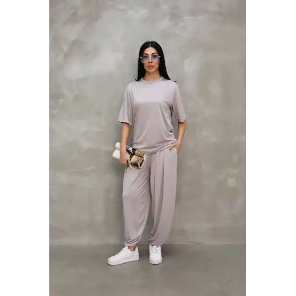 Osy Modal Yumuşak Dokulu Kumaş Oversize Bisiklet Yaka T-shirt Jogger Eşofman Altı Eşofman Takımı - Gri