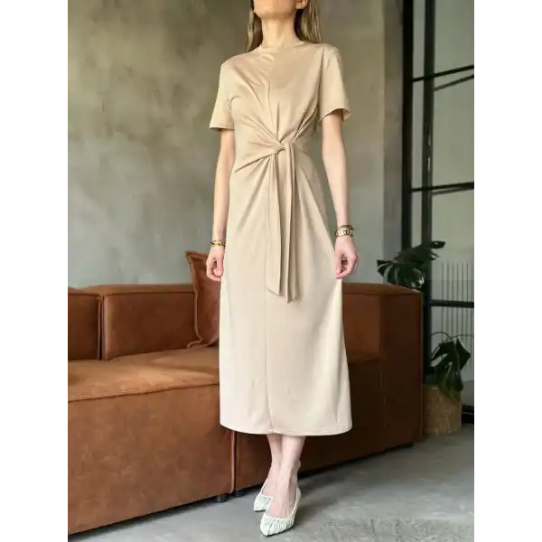 Osy Modal Yumuşak Dokulu Kumaş Yandan Bağlamalı Elbise - Bej