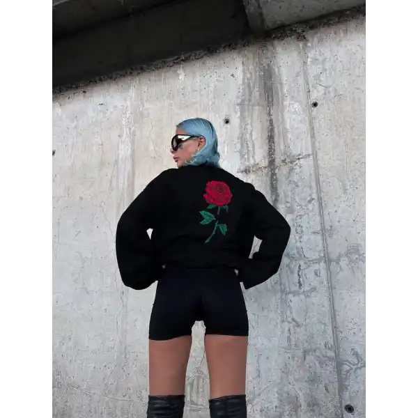 Oversize Üç İplik Bisiklet Yaka Baskılı SweatShirt - Siyah