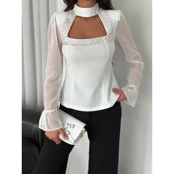 Penye Uzun Kollu Kadın Kolları Şifon Göğüste İnci Boncuk detaylı Bluz - Beyaz