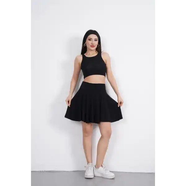 Sendy Kumaş Bisiklet Yaka Crop Şortlu Etek ikili Takım - Siyah